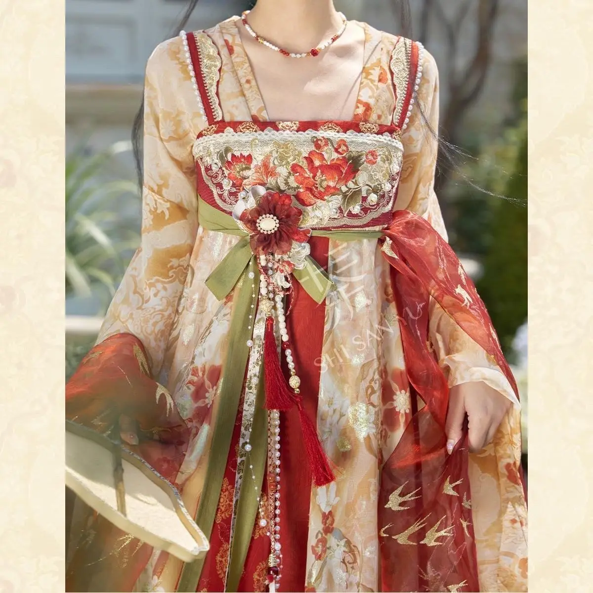 Chinese Hanfu Dresses Fairy Spring Summer Tang-Style Hanfu Dress Set Front Overlapping Large Sleeves Embroidery and Leaf Print