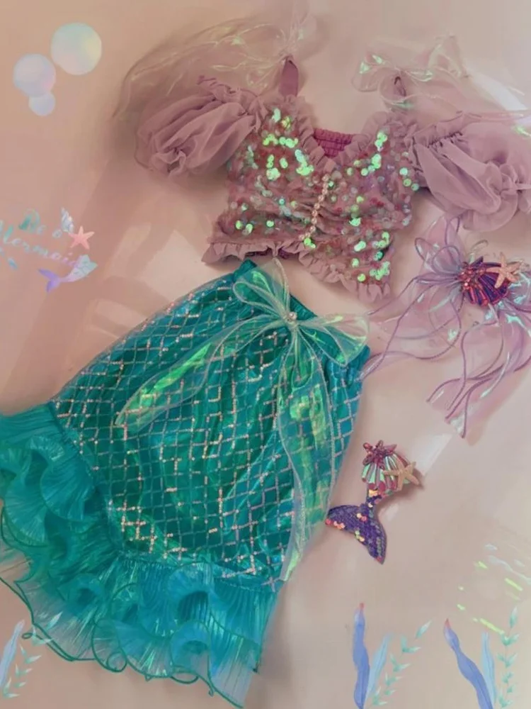 Princess  Mermaid Tail Dress Children's Glitter Skirt Little Girl Fashionable Birthday Dress Sparkling Fish Tail Gown