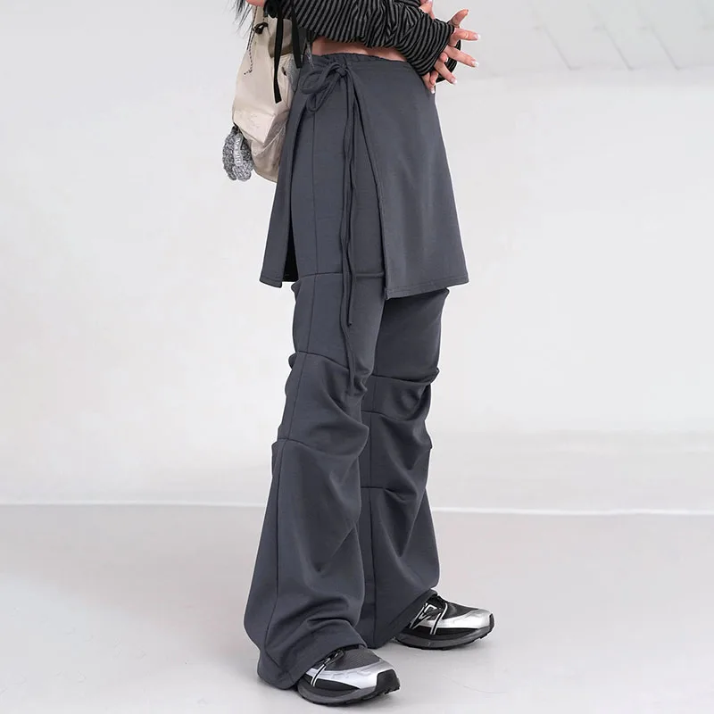 American Retro Fake Two-piece Micro Flared Pants Skirt Pants, Women's Pleated Design, Loose Casual Pants, Long Pants