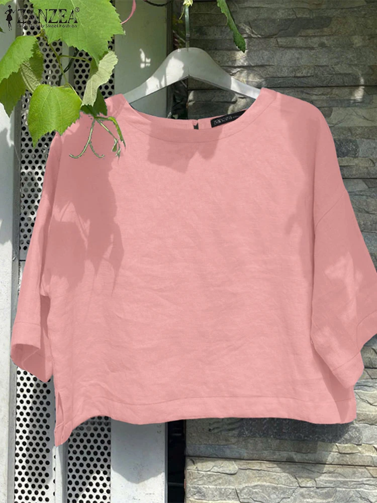 

2025 ZANZEA Casual Women Blouses Autumn Solid Thin Tops Vintage 3/4 Sleeve Work Shirt Female Cotton Blusas Casual Loose Chemise