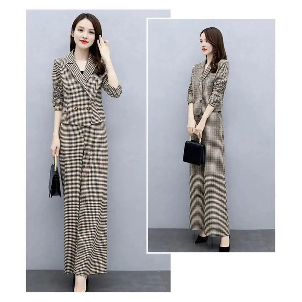 

Women Commute Outfit Stylish Women's Plaid Print Coat Pants Set Lapel Buttons Cardigan Long Sleeve Jacket Wide Leg for Formal