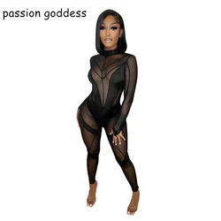 Women Summer Long Sleeve Sexy Skinny Mesh Night Clubwear Jumpsuit Black Romper Perspective Party Bodysuits 2022 One Piece Outfit