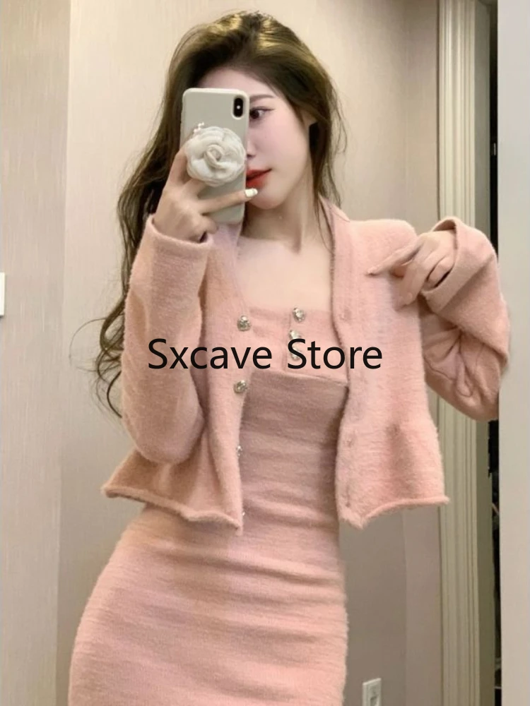 2023 Autumn Knitted Suits Women Casual Long Sleeve Y2k Crop Tops + Mini Sweater Dress Office Lady Korean 2 Piece Dress Sets