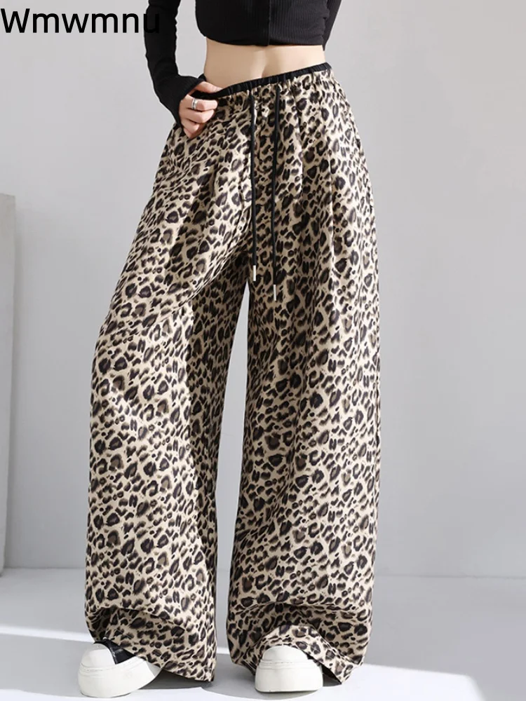 Vintage Leopard Drawstring Pants Women's Casual Baggy Straight Pantalones High Waisted Loose Fashion Wide Leg Trousers Spodnie