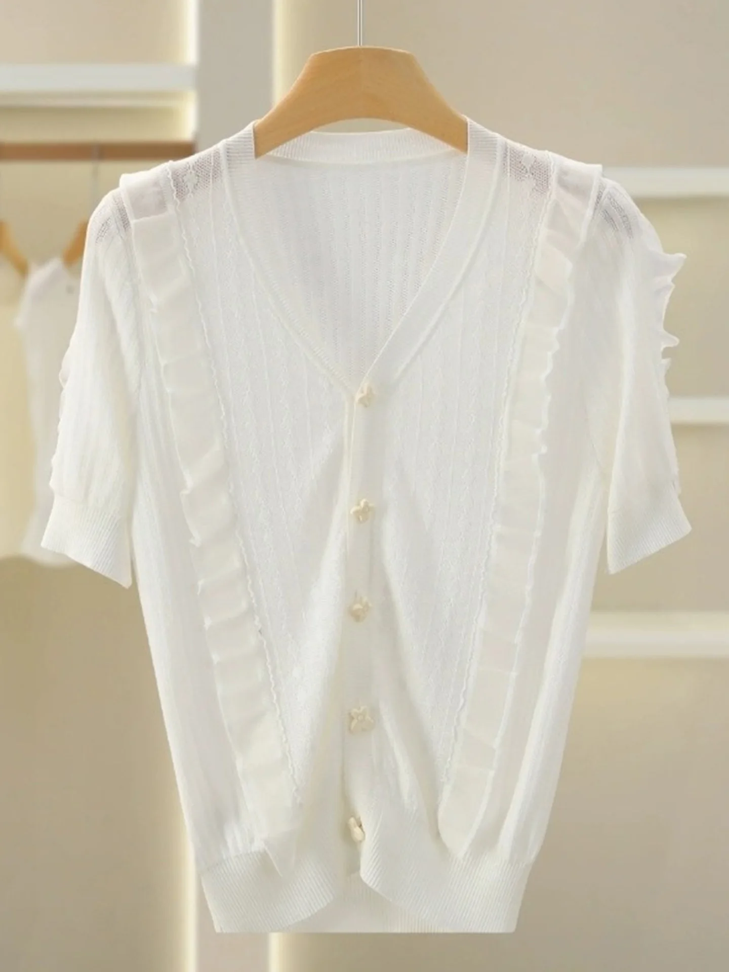 Jedwabny sweter z dzianiny z dekoltem w serek, zapinany na jeden guzik, modny, uniwersalny damski top, koreański styl, luźny krój, kardigan.