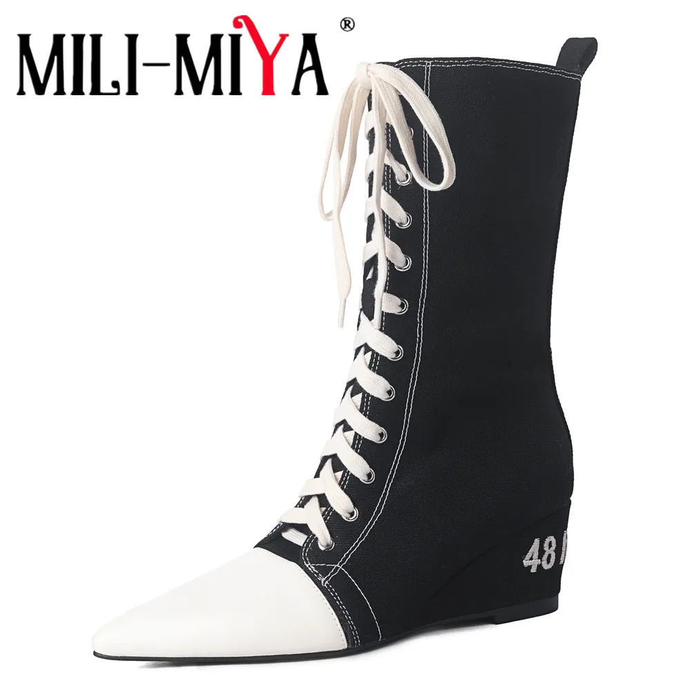 MILI-MIYA Women's Pointed-Toe Comfortable Wedge Mid-Calf Boots Fashionable Women's Boots With a Combination Of Cowhide And Denim
