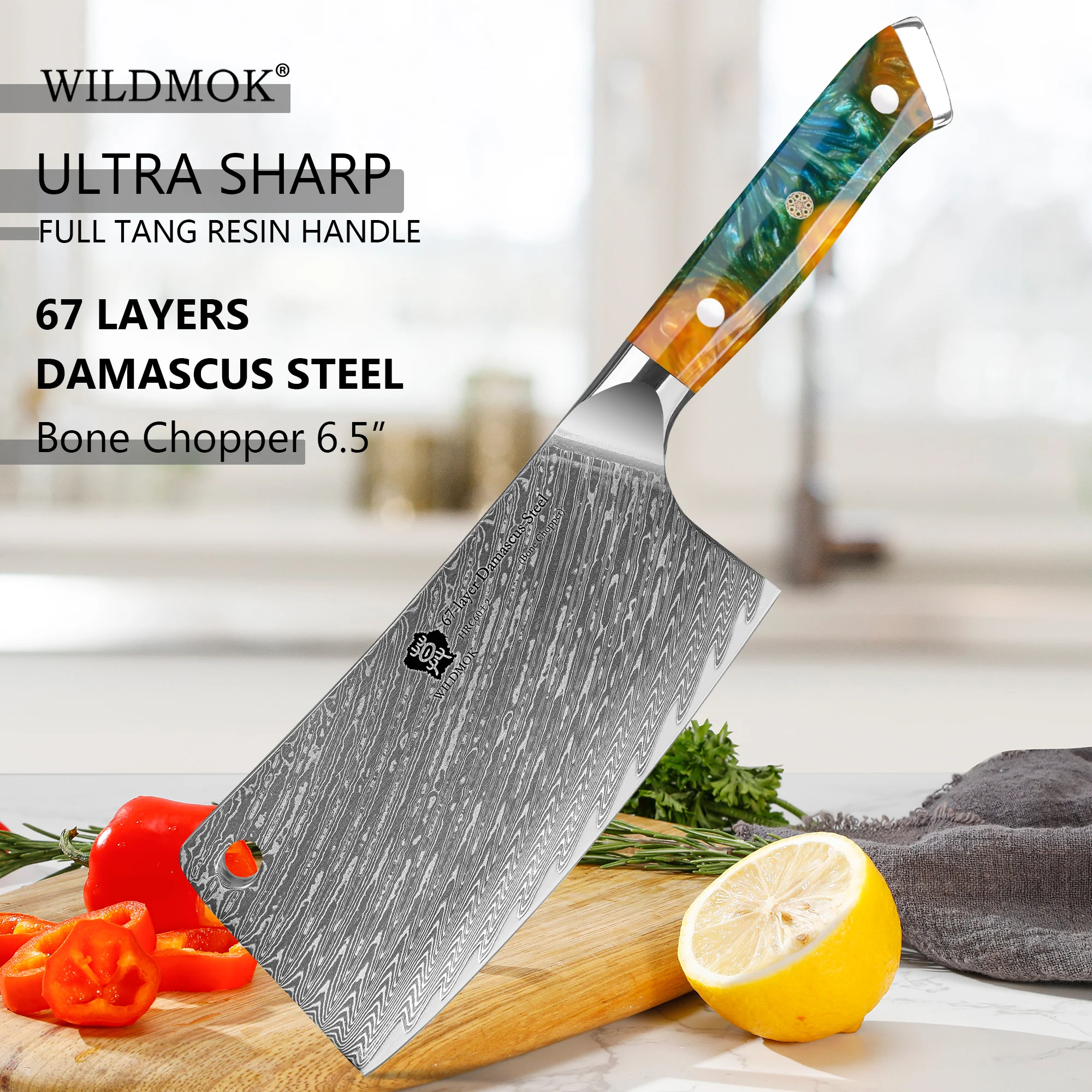 WILDMOK 6.5 Inch Bone Chopper, Damascus Steel Heavy Duty Cleaver Knife, Durable  Resin Handle, Kitchen Meat Cutting Knife
