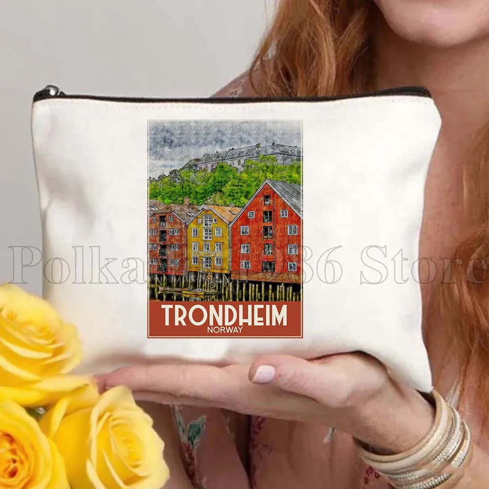 Turin Venice Warsaw Washington Ink Watercolor Painting Canvas Bag Travel Cosmetic Bag Women Makeup Case Fashion Toiletry Bag
