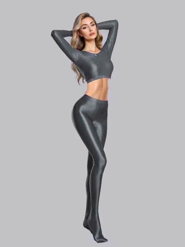 

High Elastic Women's Pants Sets Sexy Oil Shiny Glossy Crop Tops With Tights Woman Yoga Shaping Two Pieces Clothing Outfits