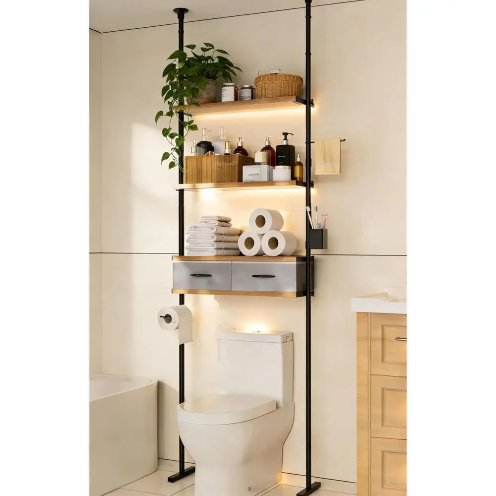 

4-ярусная полка-органайзер для ванной комнаты, прочная подставка за унитаз с крючками, компактный дизайн, цвет рустик-коричневый