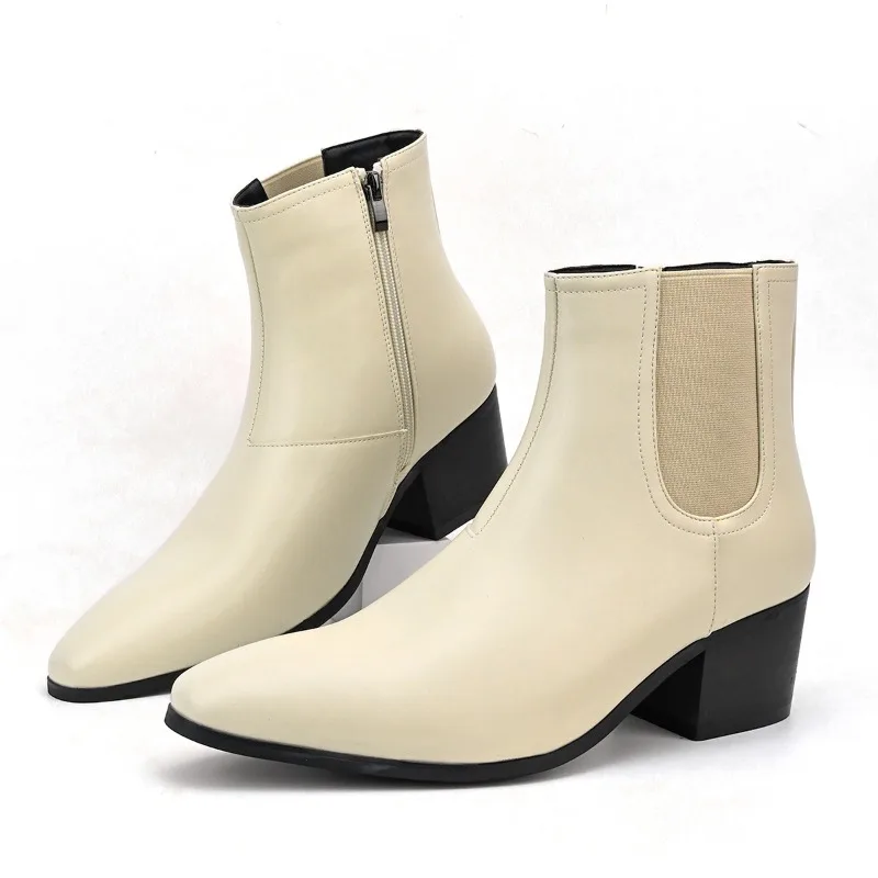 British Style Leather Boots for Men Fashion Chelsea Boots 6cm High-heeled Ankle Booties Business Dress Boots Men's High Top Boot