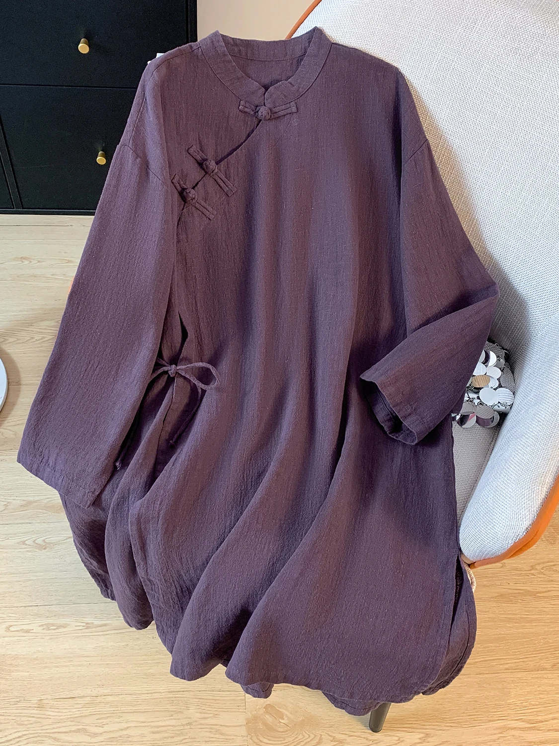 

Модный китайский топ из хлопка и льна с поясом и воротником-стойкой на пуговицах, средней длины, в стиле чайной сорочки, для женщин, осенняя одежда