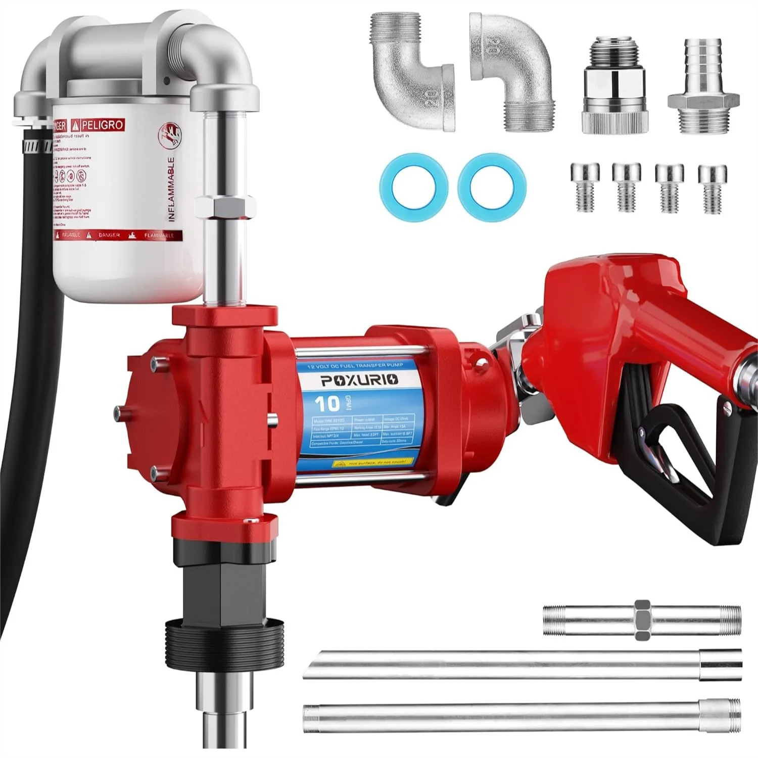 

10GPM 12V Fuel Transfer Pump with Automatic Nozzle, Cast Iron Heavy Duty for Gasoline Diesel Kerosene