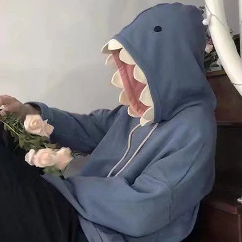 Fashion Shark Plus Velvet Embroidered Hooded Sweater Men and Women Autumn and Winter 2022 Loose Casual Top Hoodie Sweatshirts