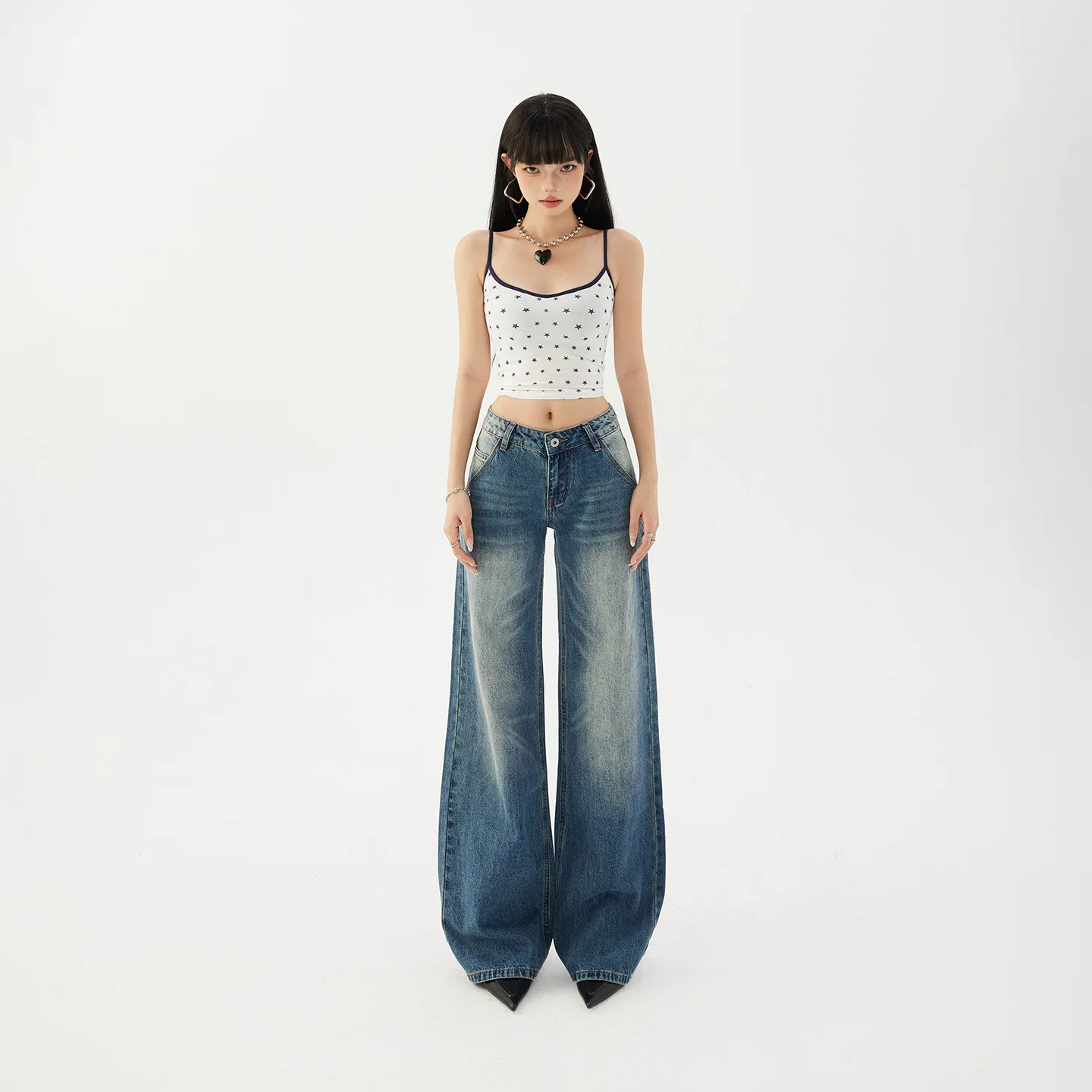 

Original American High Street Low Waist Loose Slimming Faded Jeans Women Tall Size Bell Bot Casual Wear Autumn Denim