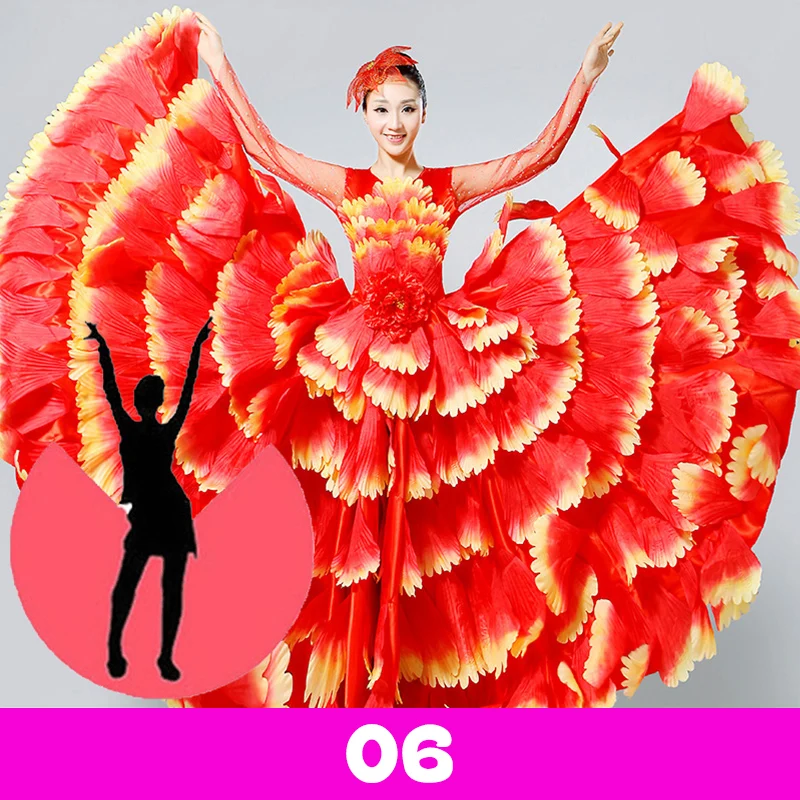 Damen Spanisches Flamenco Stierkampf-Kleid, Eröffnungstanz, Großer Schwung, Blütenblatt-Design, Klassische Kleider, Bühnentänzerin, Performance-Rock, Kostüm – Detail 25