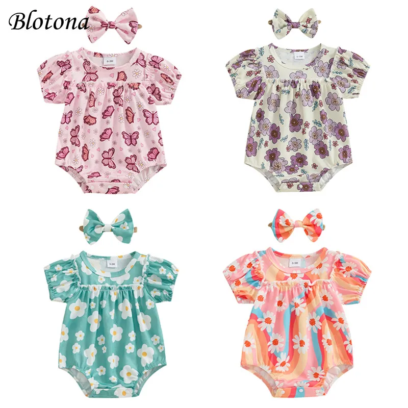 

Blotona Newborn Baby Girl Outfit, Short Sleeve Crew Neck Flower Print Bodysuit with Bowknot Headband Summer Clothes