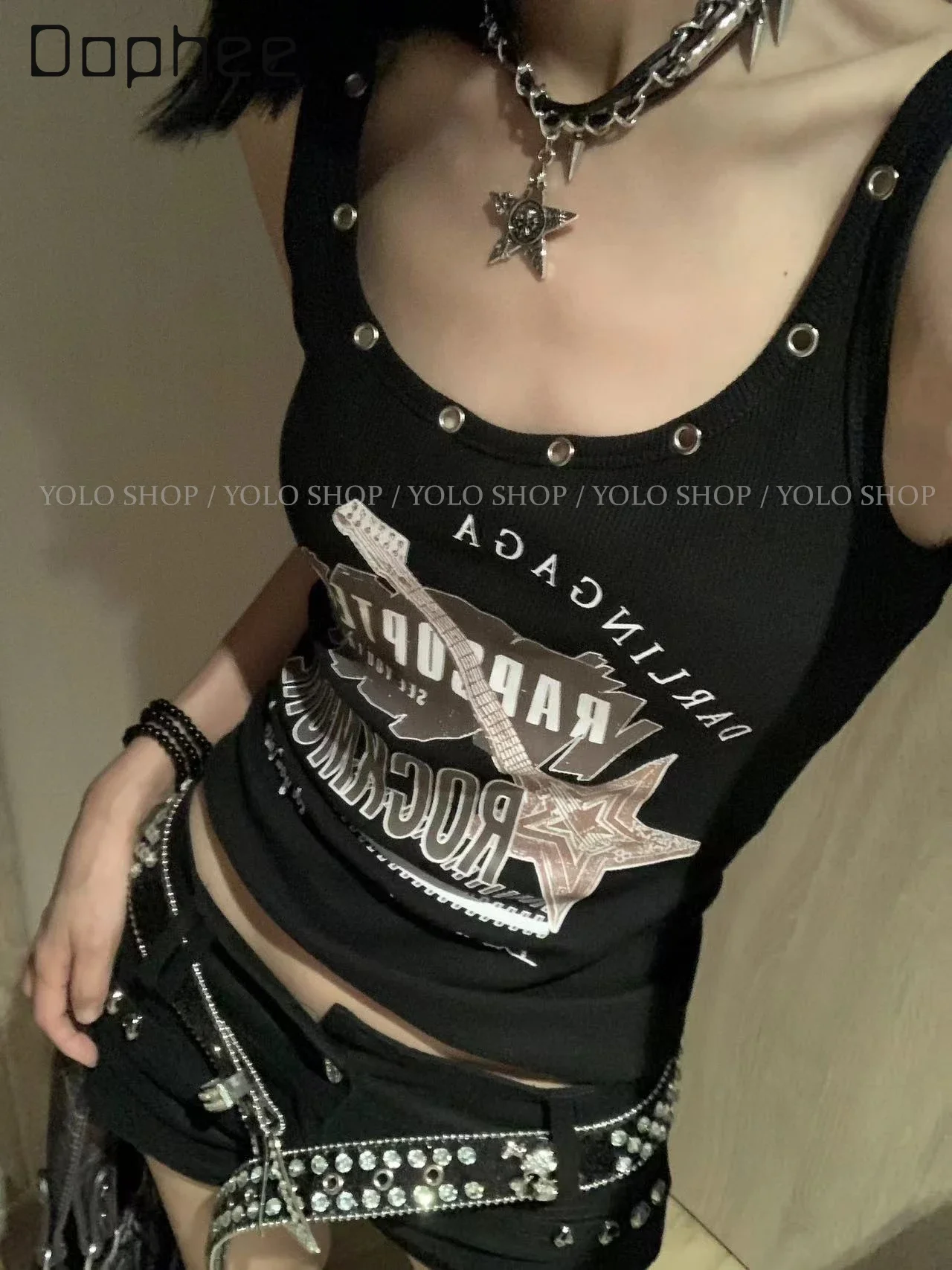 

American Retro Printed Tank Tops Personality Punk Eyelet Sleeveless Vest Y2k Subculture Slim Cropped Tops Women Hip Hop