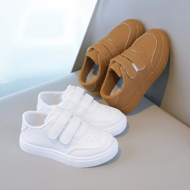 Children White Sneakers Simple Non-slip Boys Girls Casual School Uniform Shoes Double Hook & Loop Fashion Kids Sports Shoes