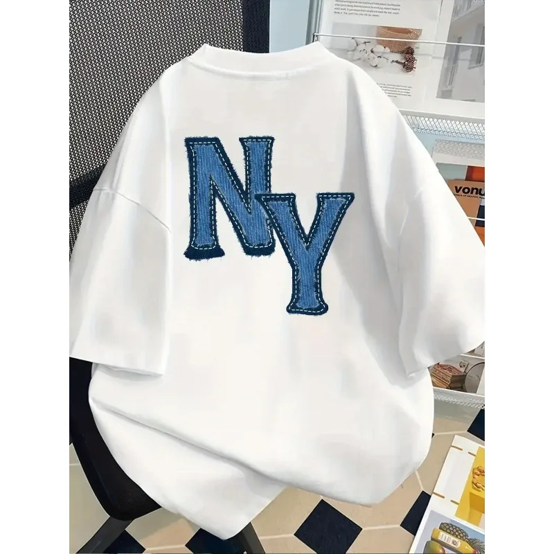 الأمامي والخلفي مطبوعة قصيرة الأكمام تي شيرت نيويورك الدنيم طباعة المرأة كل موسم موضة طباعة عادية المرأة طاقم الرقبة تي شيرت