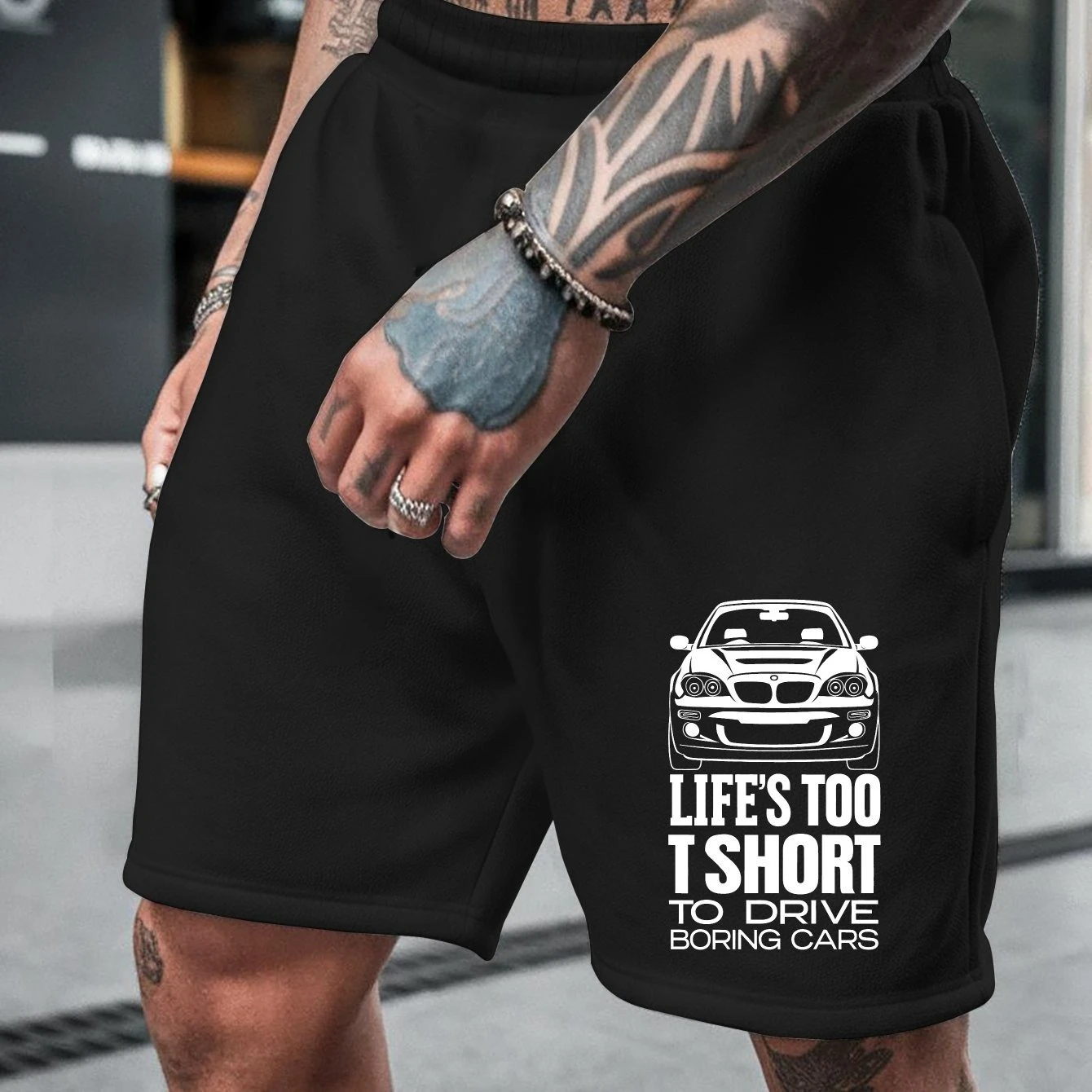 

Men's Casual "Life Is Too Short, Don't Drive A Boring Car" Patterned Shorts - Black Stretch Beach Pants Car Illustration
