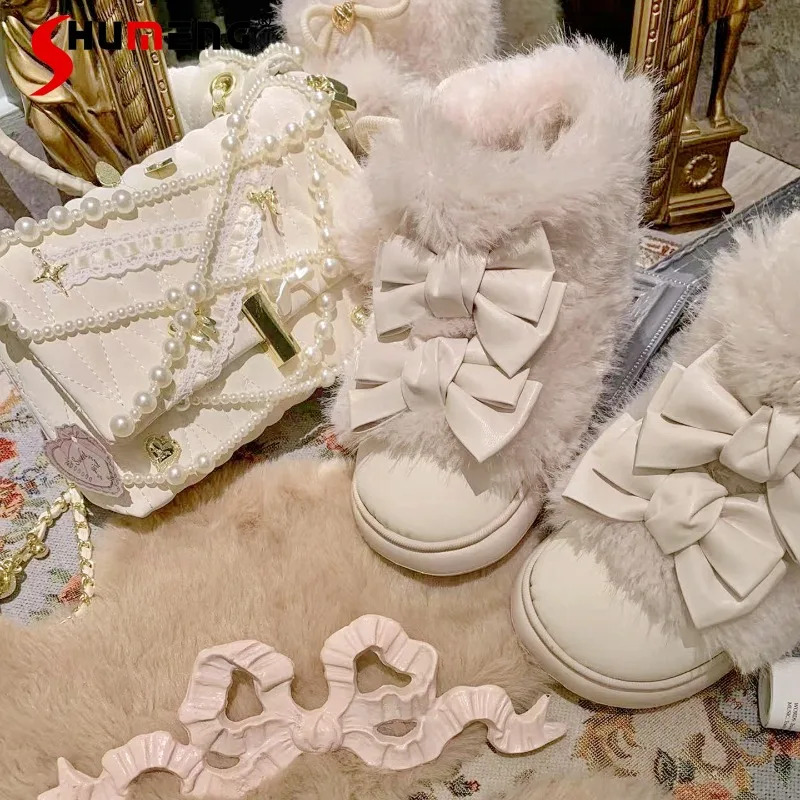 

Original Beige Bowknot Imitation Lamb Wool Women's Shoes 2025 Autumn Winter Warm Short Boots Sweet Style Girl Snow Boots Ladies