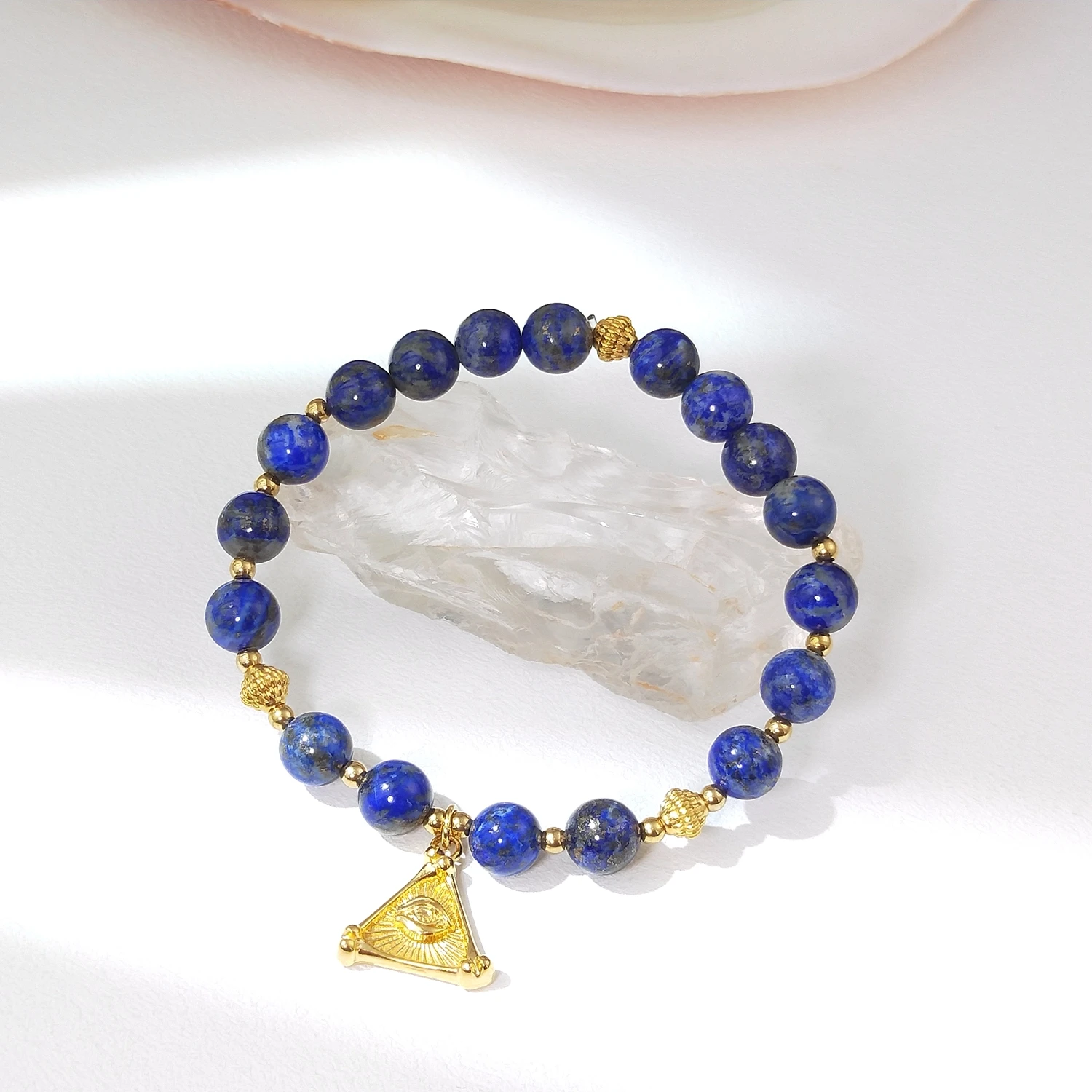 

Lii Ji Натуральный лазурит 6 мм/8 мм с кристаллами из нержавеющей стали, американский эластичный браслет с позолотой 14 карат