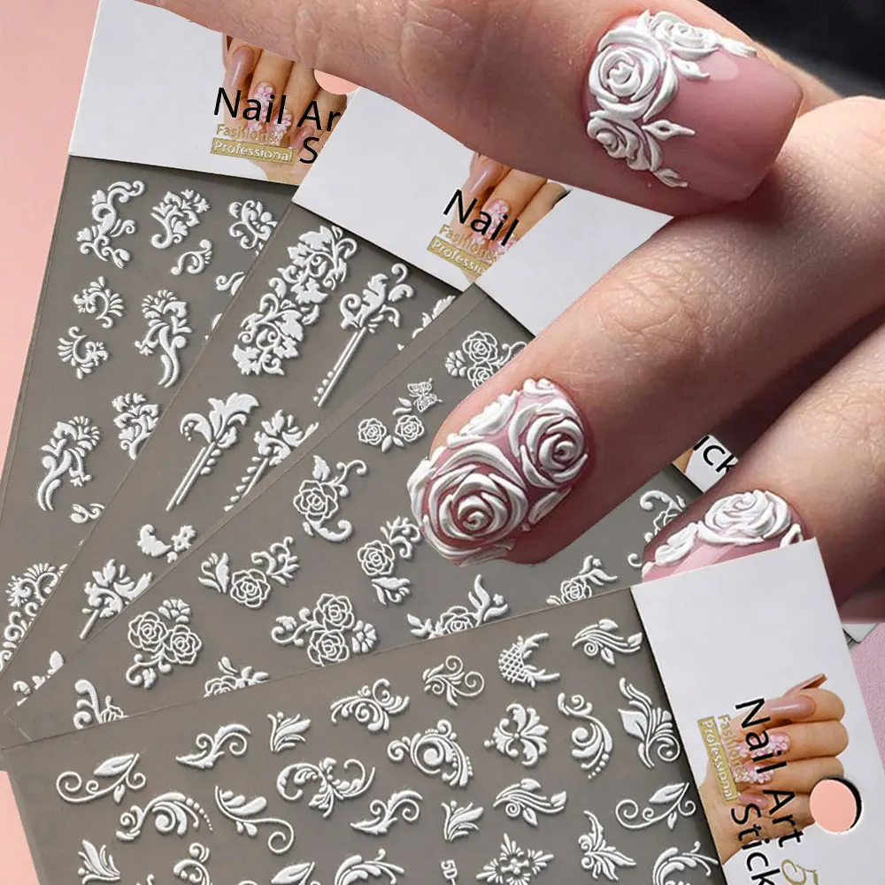 1 Uds. De pegatinas 5D de rosas blancas para uñas, calcomanías florales blancas francesas en relieve para decoración de uñas, 8x10cm, adhesivo DIY, decoraciones para manicura de boda
