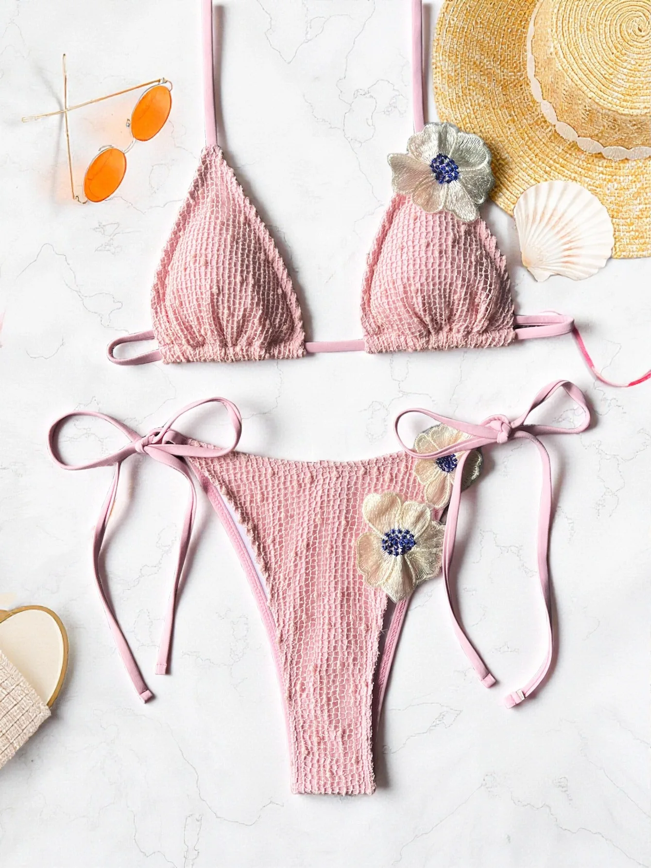 

Sexy Triangle Bikini Push Up Bikinis Women Swimwear 3D Flower Two Piece Swimsuit Side String Bathing Suit Woman Female Biquini