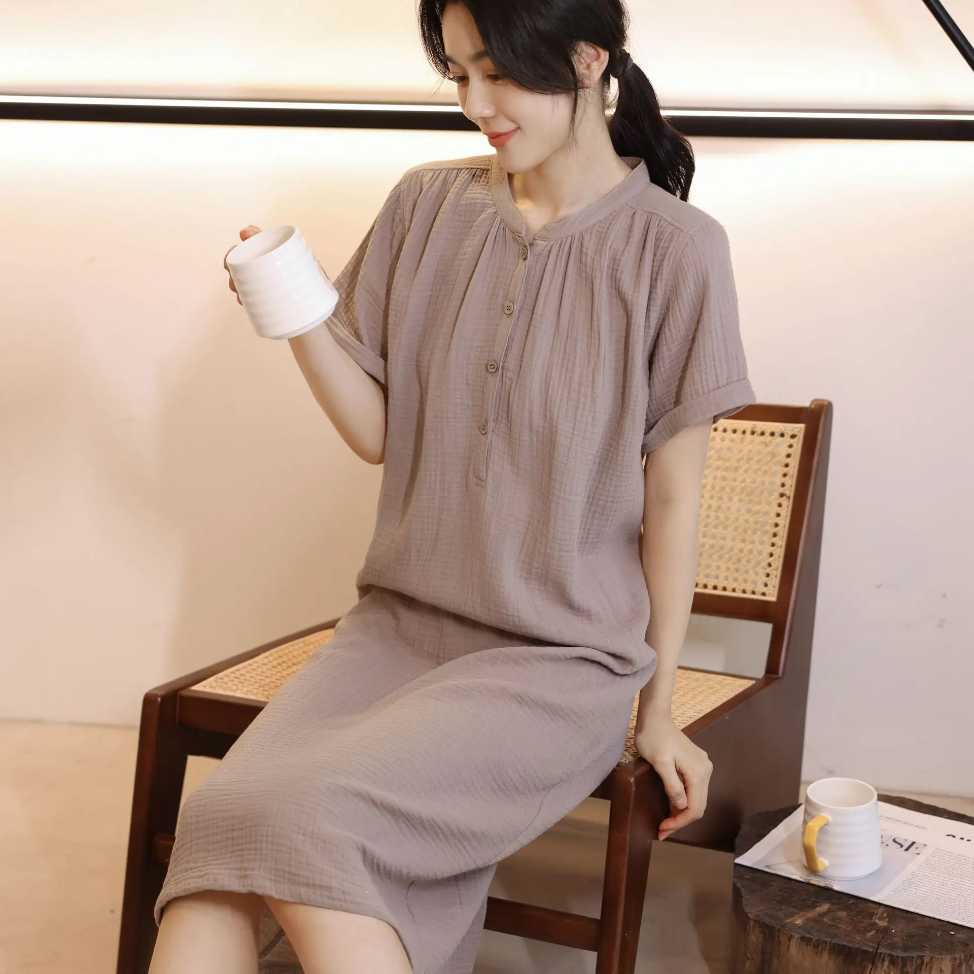 Pure Cotton Crepe Nightdress Cardigan Nightshirt Comfortable Solid Sleepwear Fashion Sleeping Nightgown Woman Loose Home Clothes