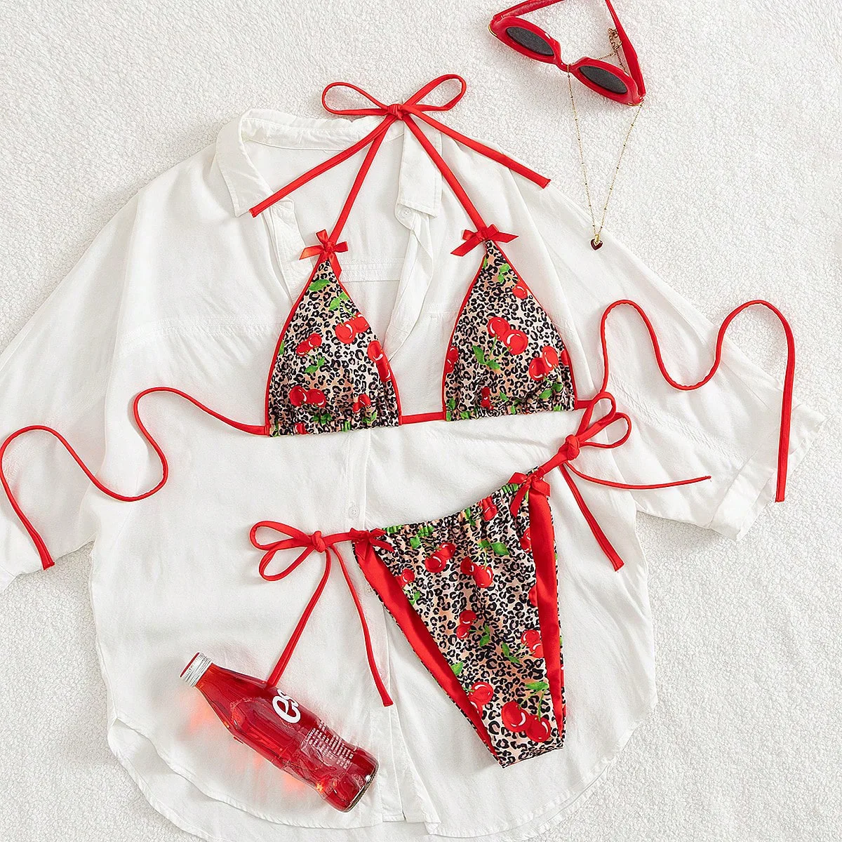 sexy cherry leopard print bow bikinis sets two pieces back tie thong swimsuits bathing suit swimwear trikini biquini tankini