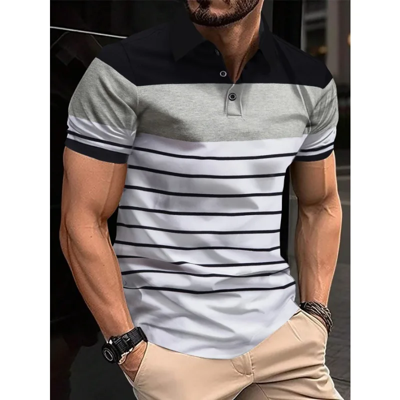 

2 Colors T Shirt for Men!2024 Summer New Men's Business Polo Shirt Fashion Striped Printing Short-sleeved T-shirts