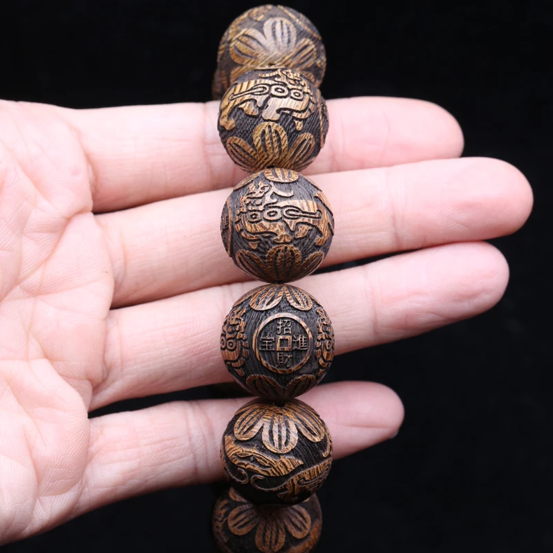 Natural Wood Bracelet Carved God Beast Wealth Bracelet 20mm Men beaded