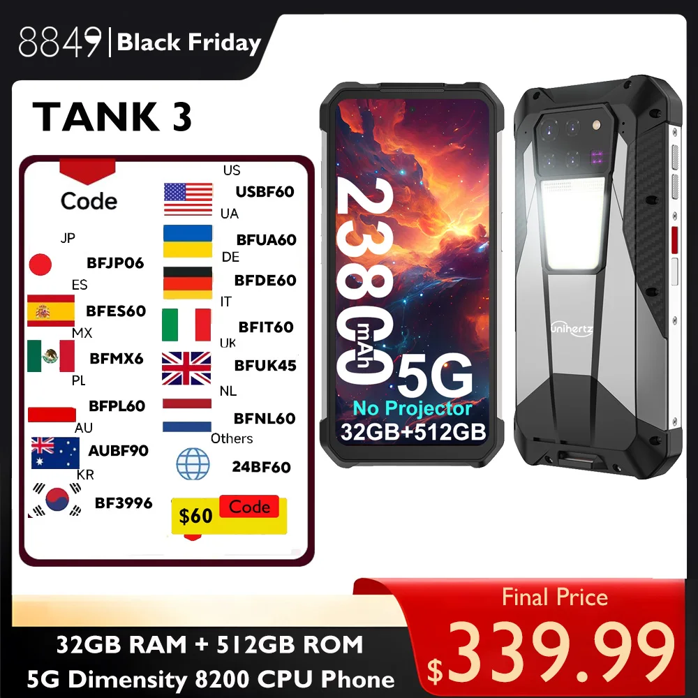 8849 Tank 3 Rugged Smartphone Android 5G 32+512GB 23800mAh 120W Charger 200MP 120Hz GPS Dual SIM Cell Phone