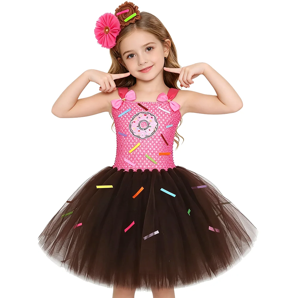 Donut Tutu Dress for Baby Girls Hot Pink Coffee Doughnut Birthday Party Costumes Children Smash Cake Outfit Kids Princess Tutus