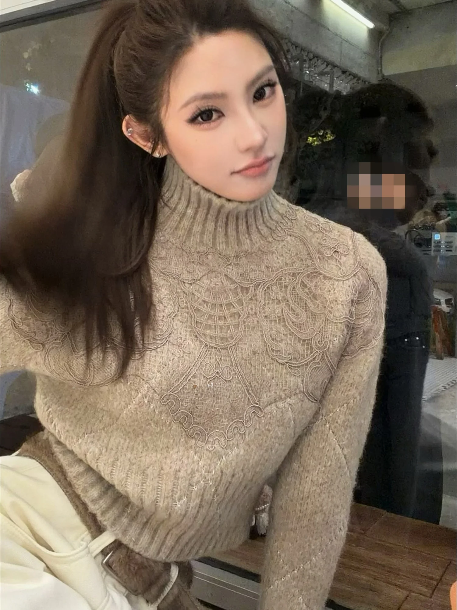 

Свитер F PROJECT Lace King с высоким воротником, кружевной отделкой и ромбовидным узором, женская вязаная одежда