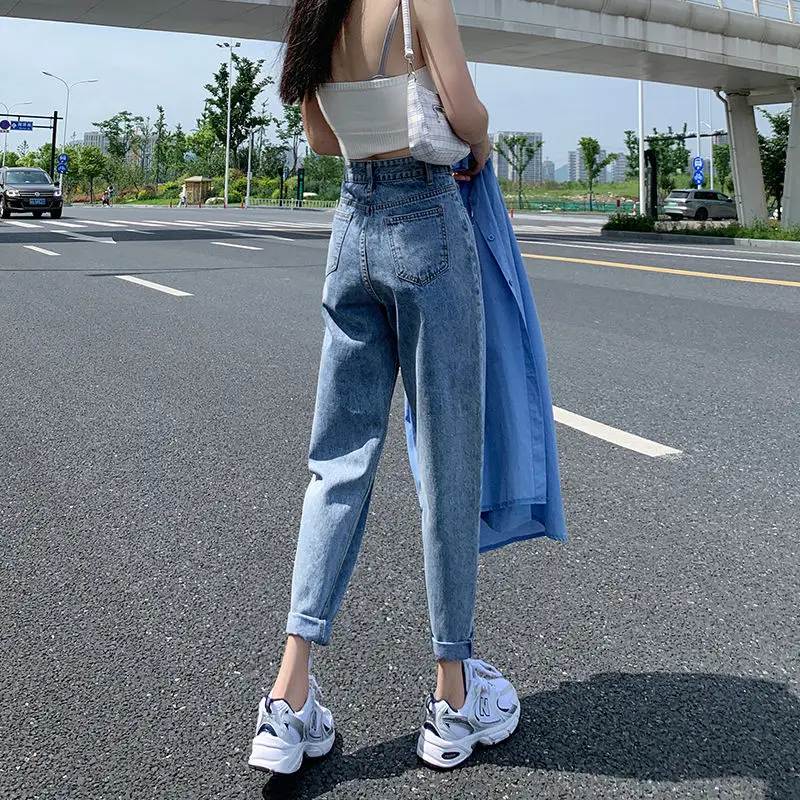 2023 Adjustable Waist Harem Jeans Open Crotch Zipper Summer Women's Clothing High Waist Denim Loose Straight Trousers Vintage