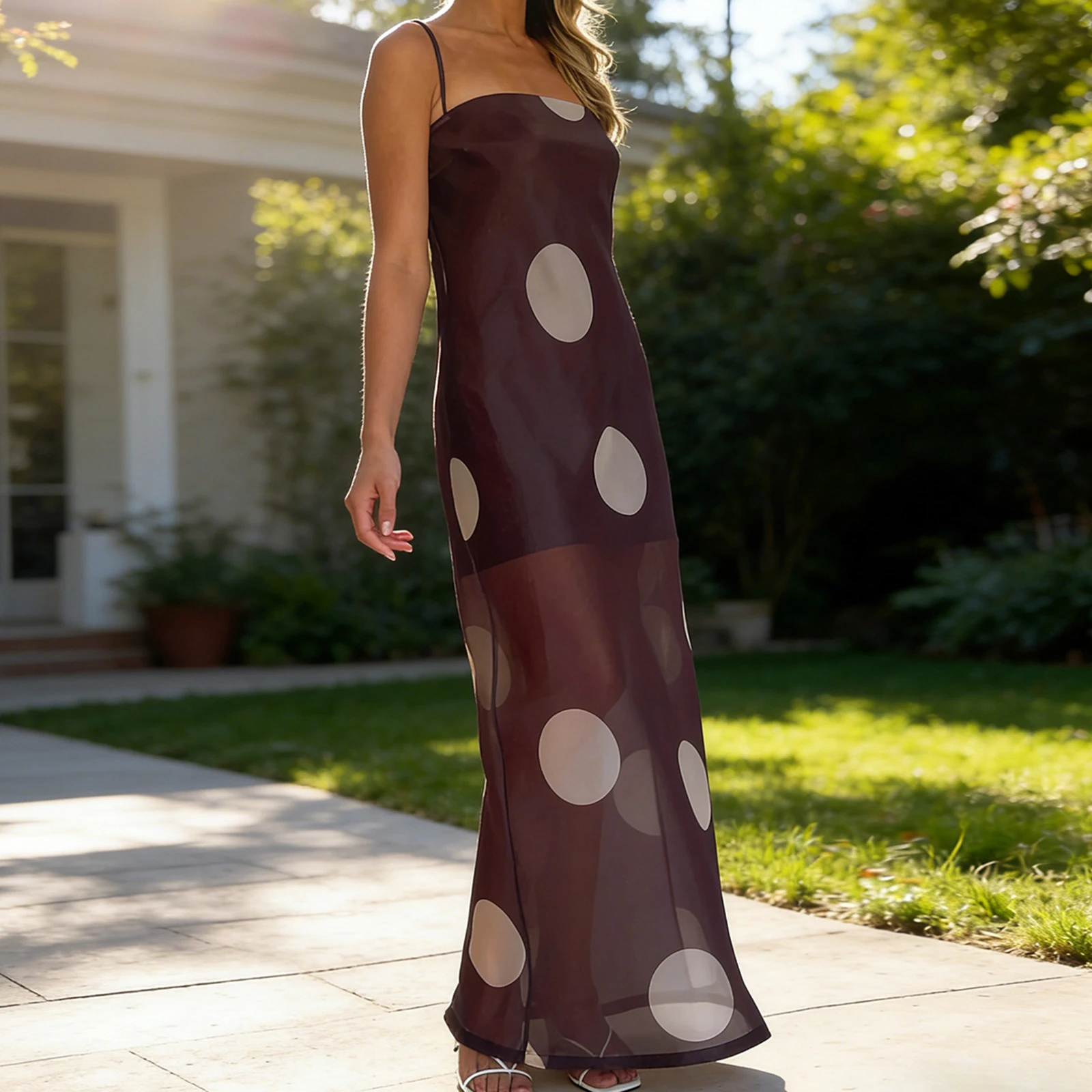 Frauen Sommer y2k Vintage Dots Print Mesh Sheer Maxi Kleid Ärmelloses Rückenfreies Spaghetti Strap Durchsichtig Club Party Cami Kleid