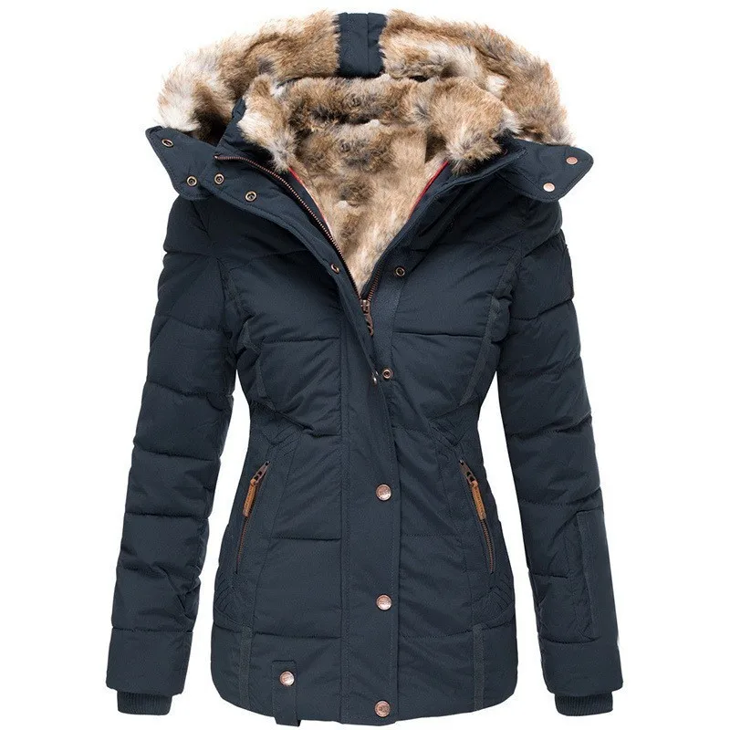 Inverno nova moda feminina cor sólida magro casual na moda gola de pele com capuz simples básico acolchoado casacos roupas femininas parkas