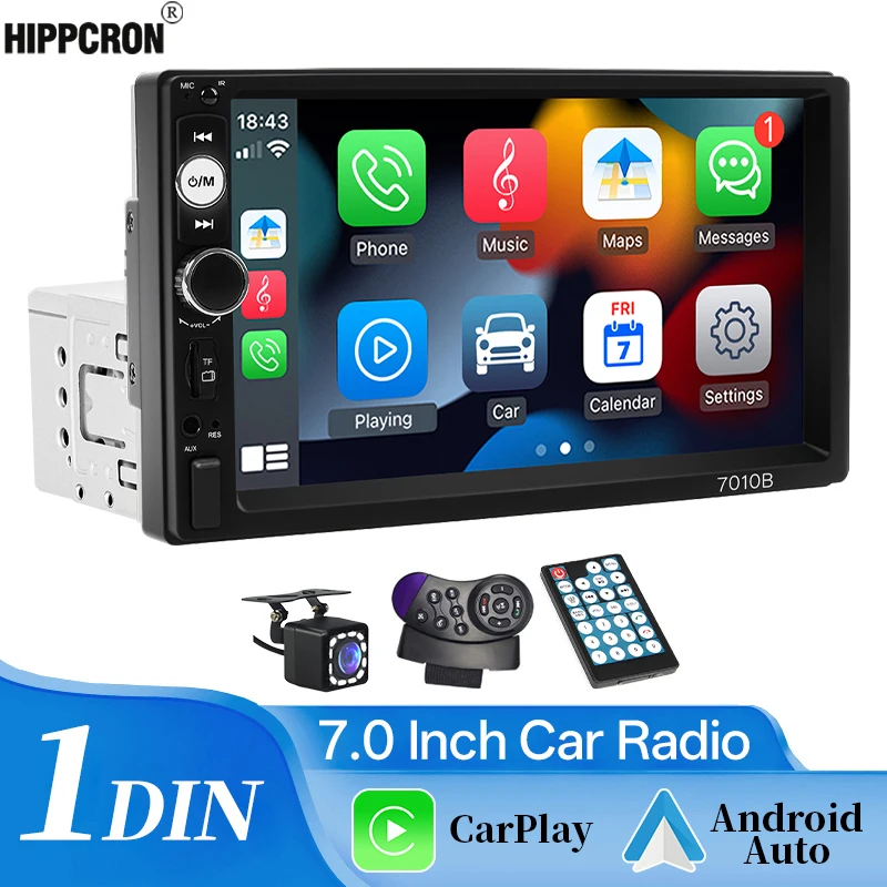 

Автомагнитола HIPPCRON 1din, 7-дюймовый универсальный мультимедийный MP5-плеер с Carplay и Android Auto, Mirrorlink, FM, USB, Bluetooth, TF-картой и AUX-входом