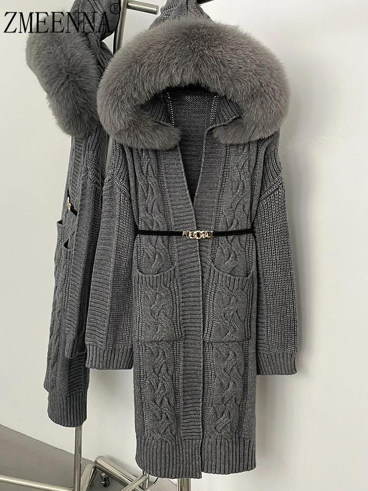 

ZMEENNA Gray Hooded Cardigan For Women Stylish Cable Knit Long Sweater With Faux Fur Trim Belt Winter Warmth Wear ZM3598