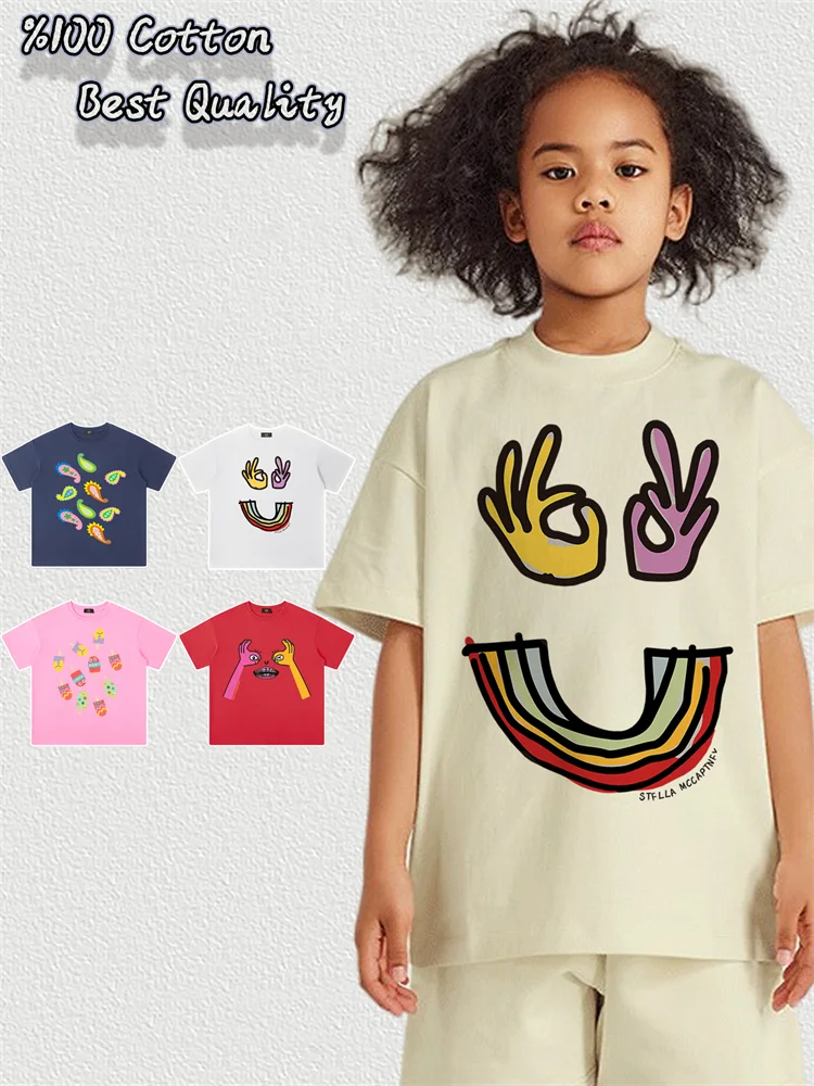 

Cute Baby Girls T-shirt Cotton 2025 New Kids Clothes Fun Prints Round neck Top Rainbow Graffiti Children Half sleeve Casual Wear