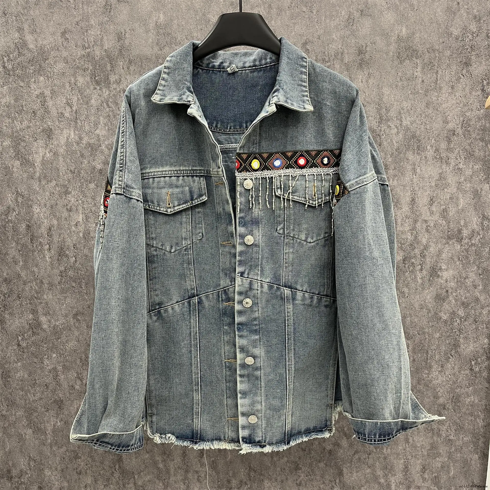 Long sleeve fringe Denim jacket autumn 2023 vintage ethnic appliques Embroidery tassel loose coat Outerwear jacket women