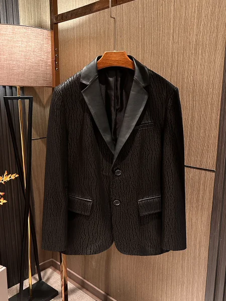 

Мужской пиджак из матовой овечьей кожи в британском стиле для делового элитного образа, с волнообразным узором, повседневный, приталенный, с длинными рукавами, полиэстер