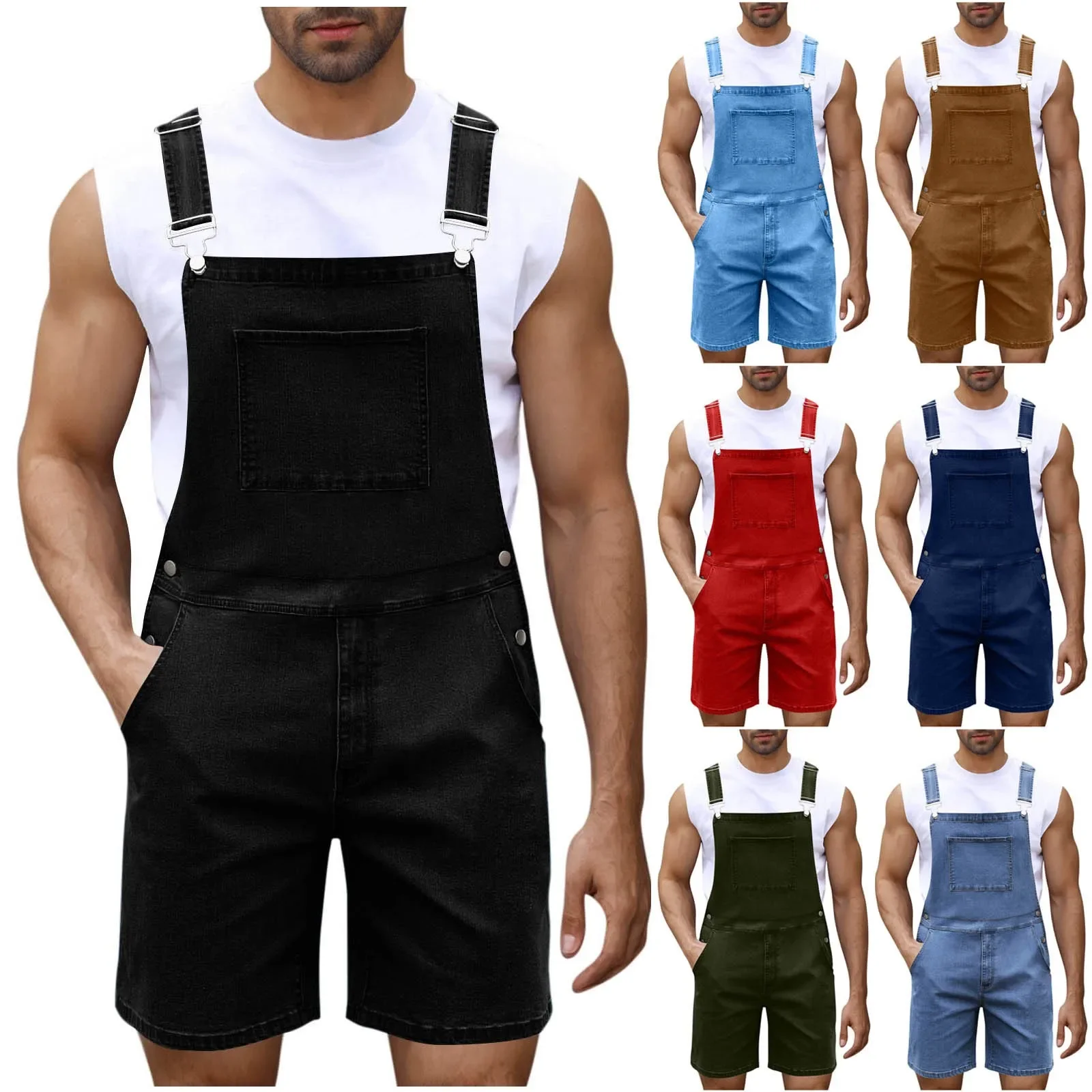 

Summer Vintage Men's Solid Button Pocket Wash Water Fashion Casual Wear Adjustable Suspenders Street Wear Men Jumpsuit Pants