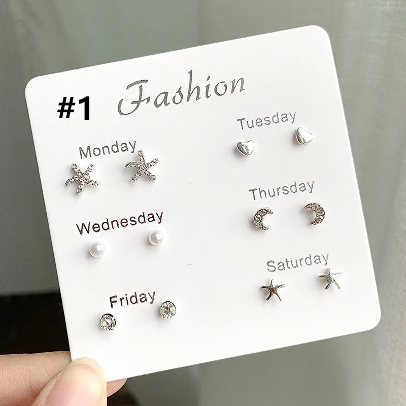 6Pcs/Set Monday To Saturday Stud Earrings Matching Fashion Simple Korean Ear Studs Pearl Crystal One Week Ins Earring Set