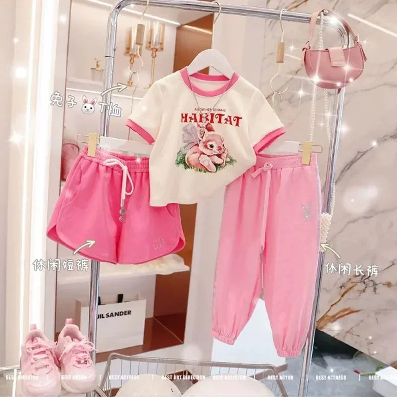 

Girls' Summer Set New Medium and Big Boys' Cartoon Fashionable Short Sleeve Little Girls' Sweatpants Two Piece Set for Children