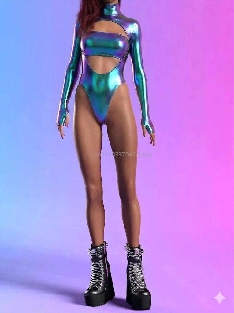 Metallic God Colorful Sexy Swimsuit Disco Club Stage Carnival Party Performance Costume Cutout Turtleneck Thumb Hole Bodysuit