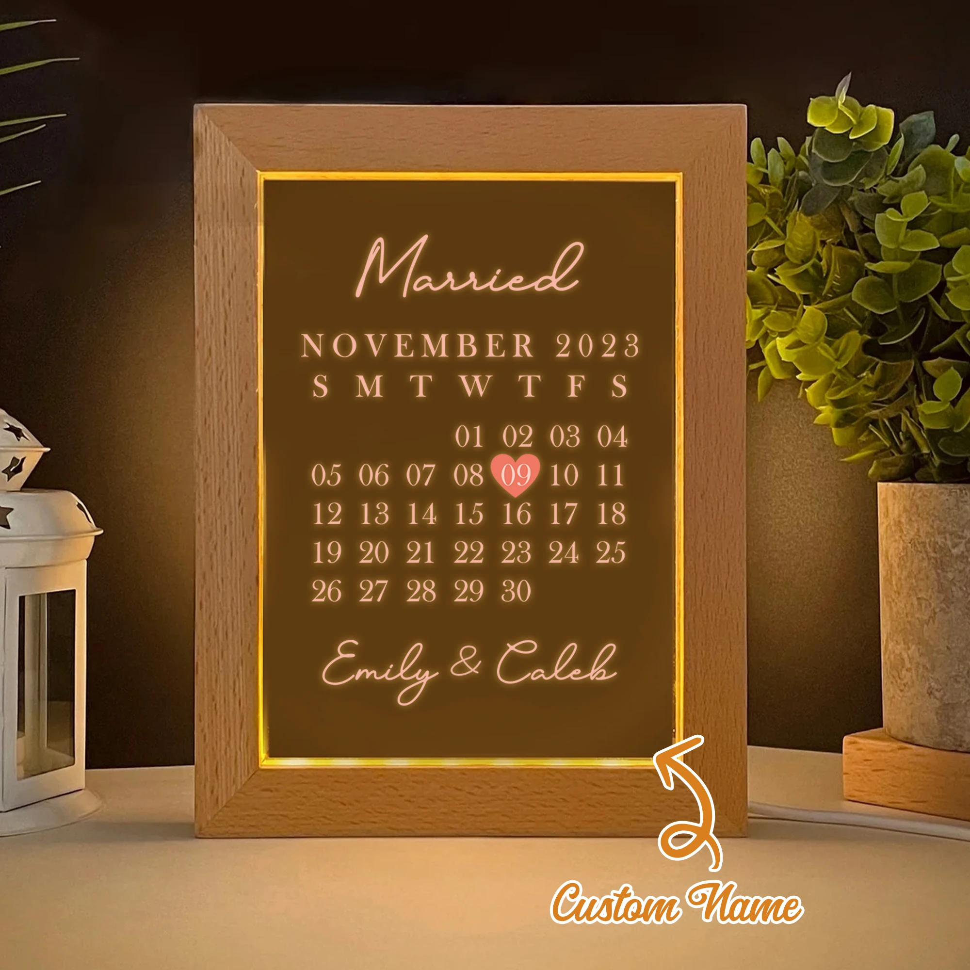 

2D Flat Custom Name Couple Anniversary LED Acrylic Night Light Wood Photo Frame 21x17cm Bedroom Gift Home Decoration
