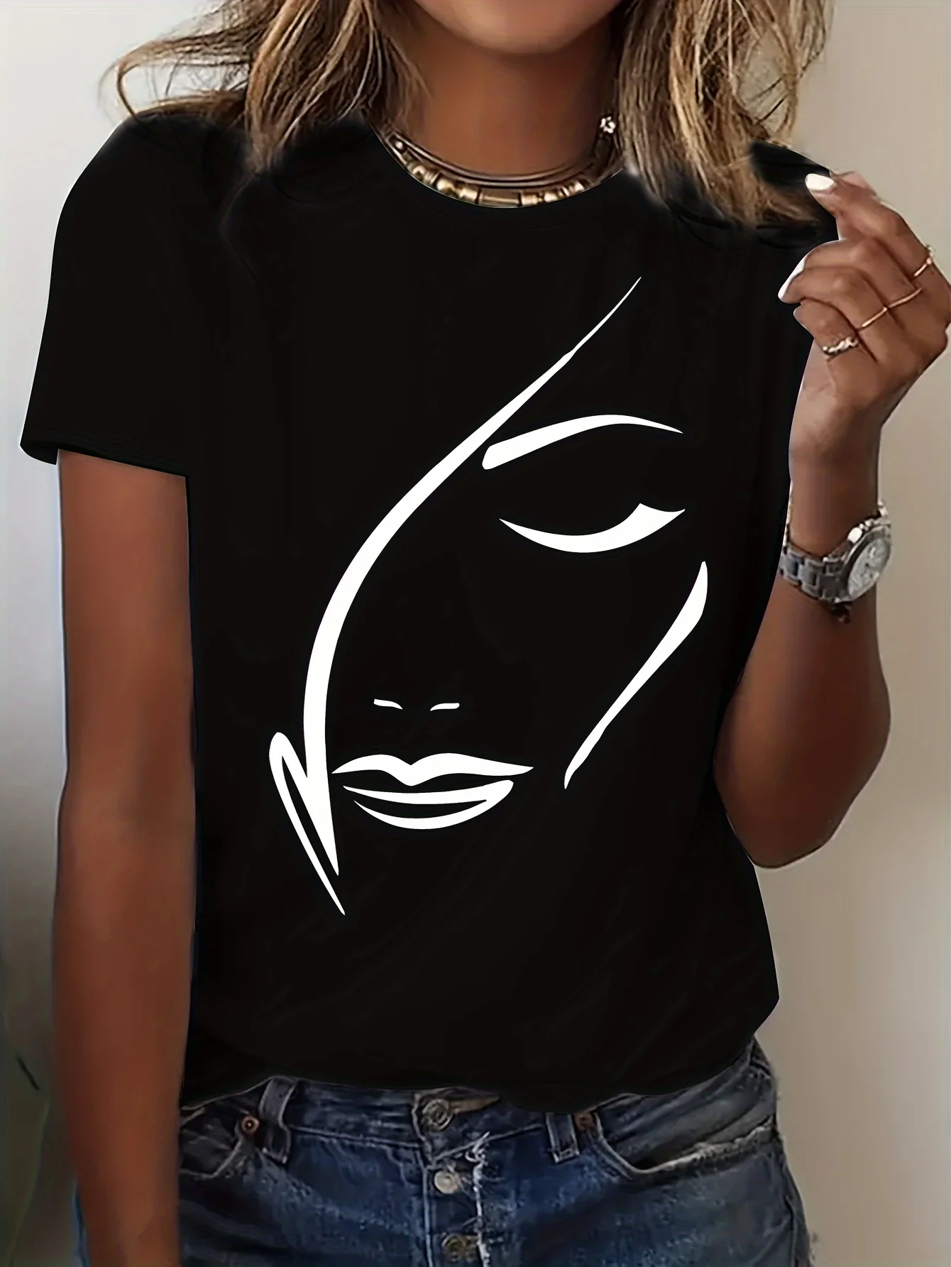 Summer Women's Simple Drawing Face Pattern Print Casual Plus Size Round Neck Short Sleeved Comfortable Breathable T-Shirt Top